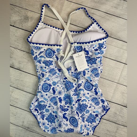 Eomenie NWT Women's 1-Piece Swimsuit Tummy Control Blue White Floral Size Medium - Picture 6 of 8